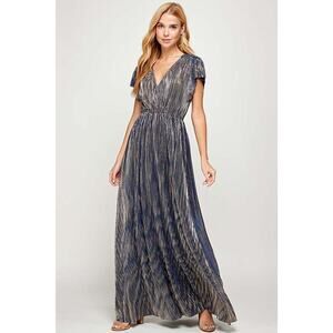 Ladies Large Holiday Maxi Dress Navy Blue Gold Shimmer V-Neck 62 inch